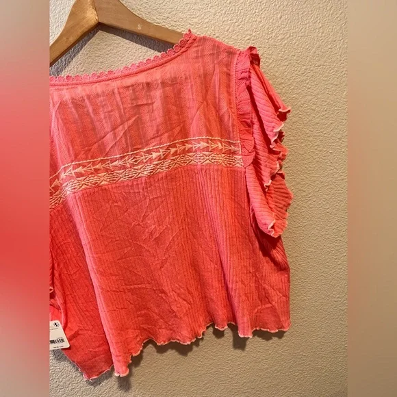 Free People Sarafina Top Boho Cottage Core Embroidered Flutter Crop Pink XL - Picture 12 of 15